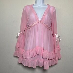 Sugar Thrillz Pink Chiffon Ruffle Babydoll Dress Bell Sleeve Coquette Small